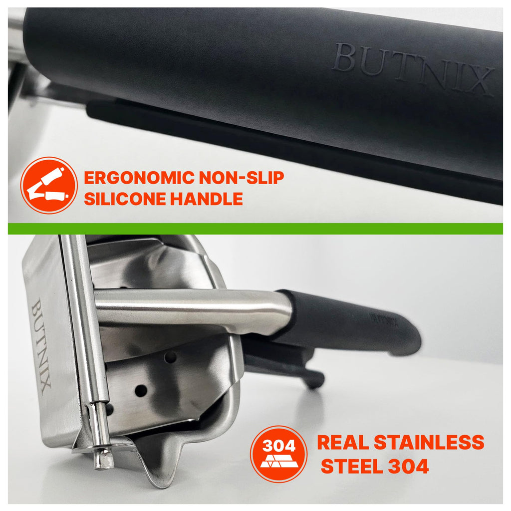 Butnix Professional Citrus Juicer, Real Stainless Steel 304, 3-in-1 Lemon Lime Orange Squeezer with Cocktail Mixing Spoon, Elegant Gift for Kitchen Lovers, Non-Slip Grip, Life Time Warranty