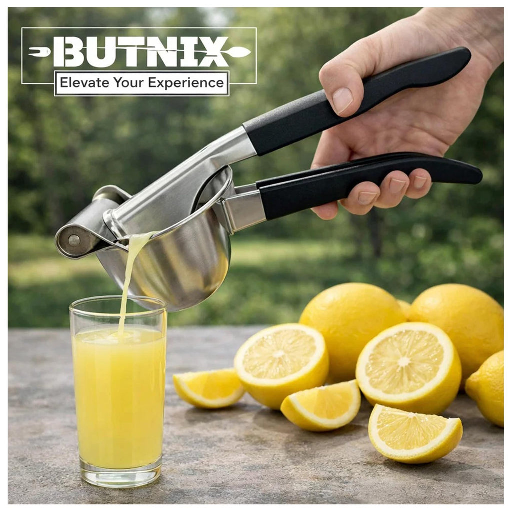 Butnix Professional Citrus Juicer, Real Stainless Steel 304, 3-in-1 Lemon Lime Orange Squeezer with Cocktail Mixing Spoon, Elegant Gift for Kitchen Lovers, Non-Slip Grip, Life Time Warranty
