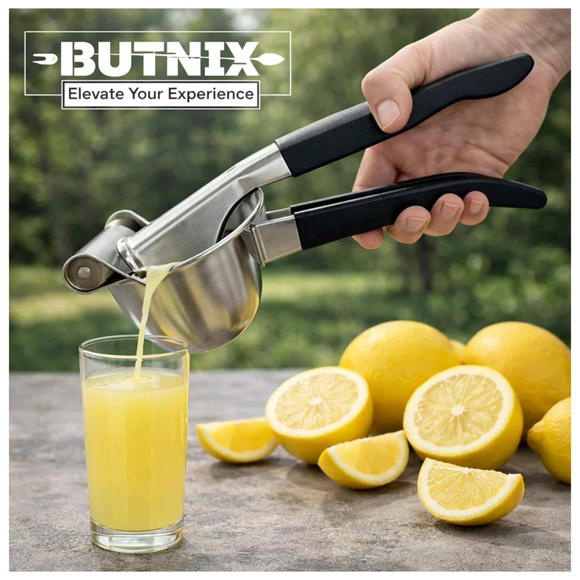 Butnix Professional Citrus Juicer, Real Stainless Steel 304, 3-in-1 Lemon Lime Orange Squeezer with Cocktail Mixing Spoon, Elegant Gift for Kitchen Lovers, Non-Slip Grip, Life Time Warranty