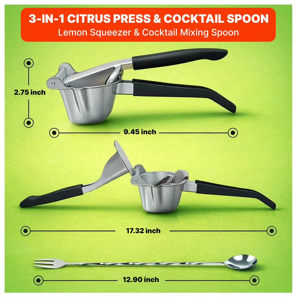 Butnix Professional Citrus Juicer, Real Stainless Steel 304, 3-in-1 Lemon Lime Orange Squeezer with Cocktail Mixing Spoon, Elegant Gift for Kitchen Lovers, Non-Slip Grip, Life Time Warranty