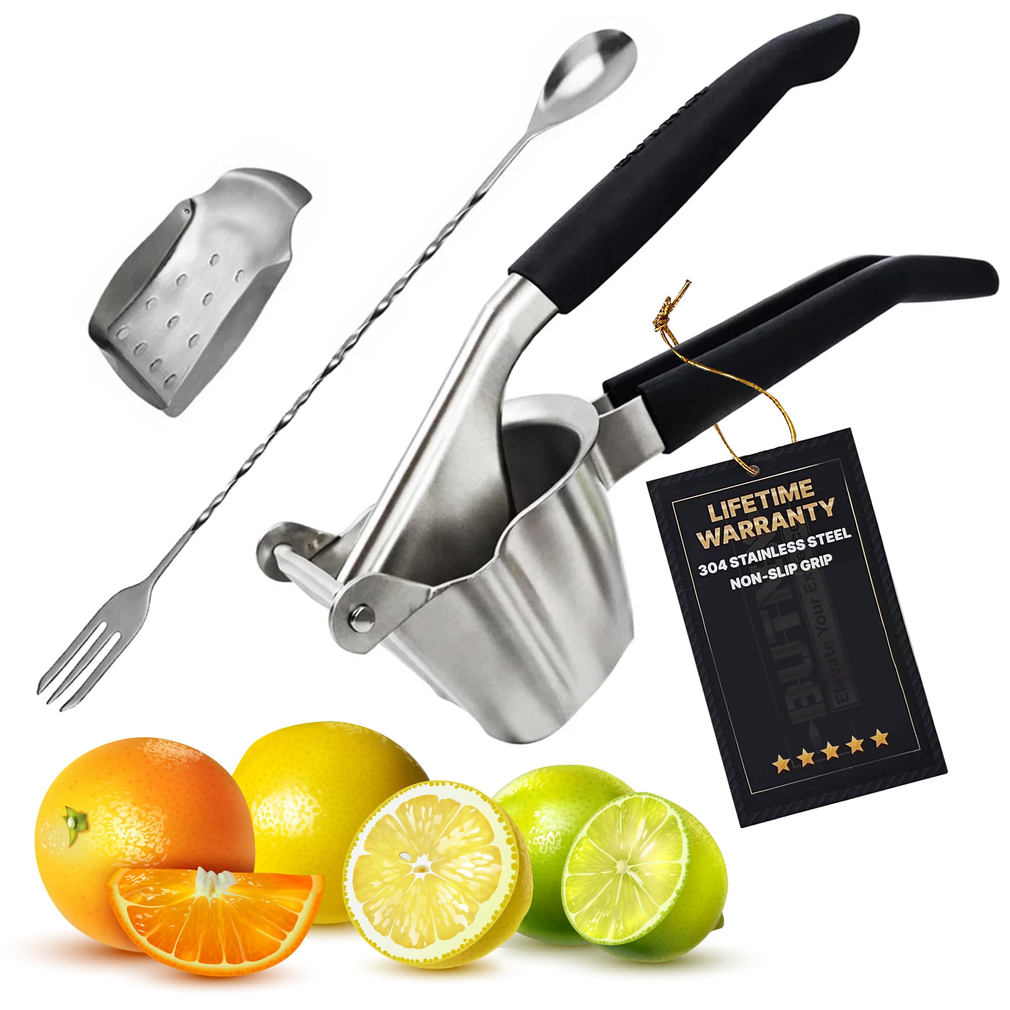 Butnix Professional Citrus Juicer, Real Stainless Steel 304, 3-in-1 Lemon Lime Orange Squeezer with Cocktail Mixing Spoon, Elegant Gift for Kitchen Lovers, Non-Slip Grip, Life Time Warranty