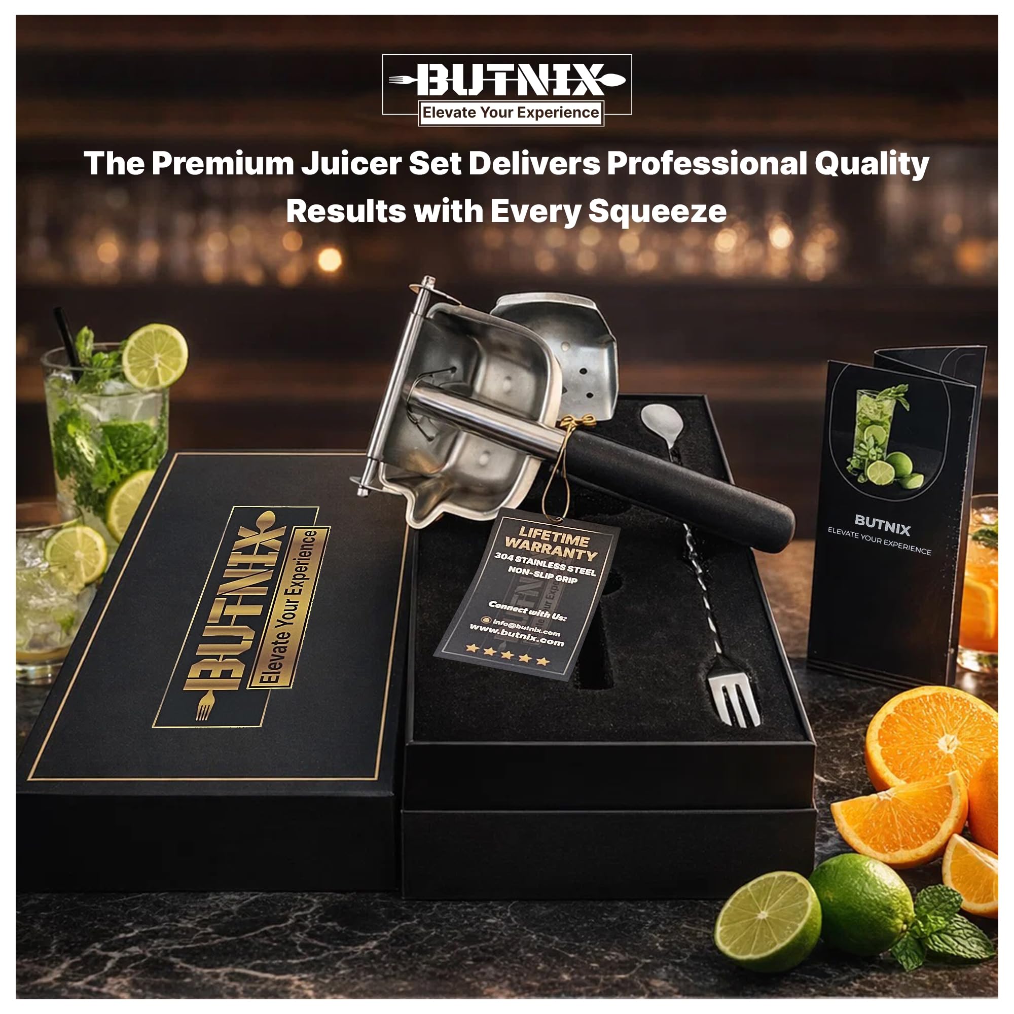 Butnix Professional Citrus Juicer, Real Stainless Steel 304, 3-in-1 Lemon Lime Orange Squeezer with Cocktail Mixing Spoon, Elegant Gift for Kitchen Lovers, Non-Slip Grip, Life Time Warranty