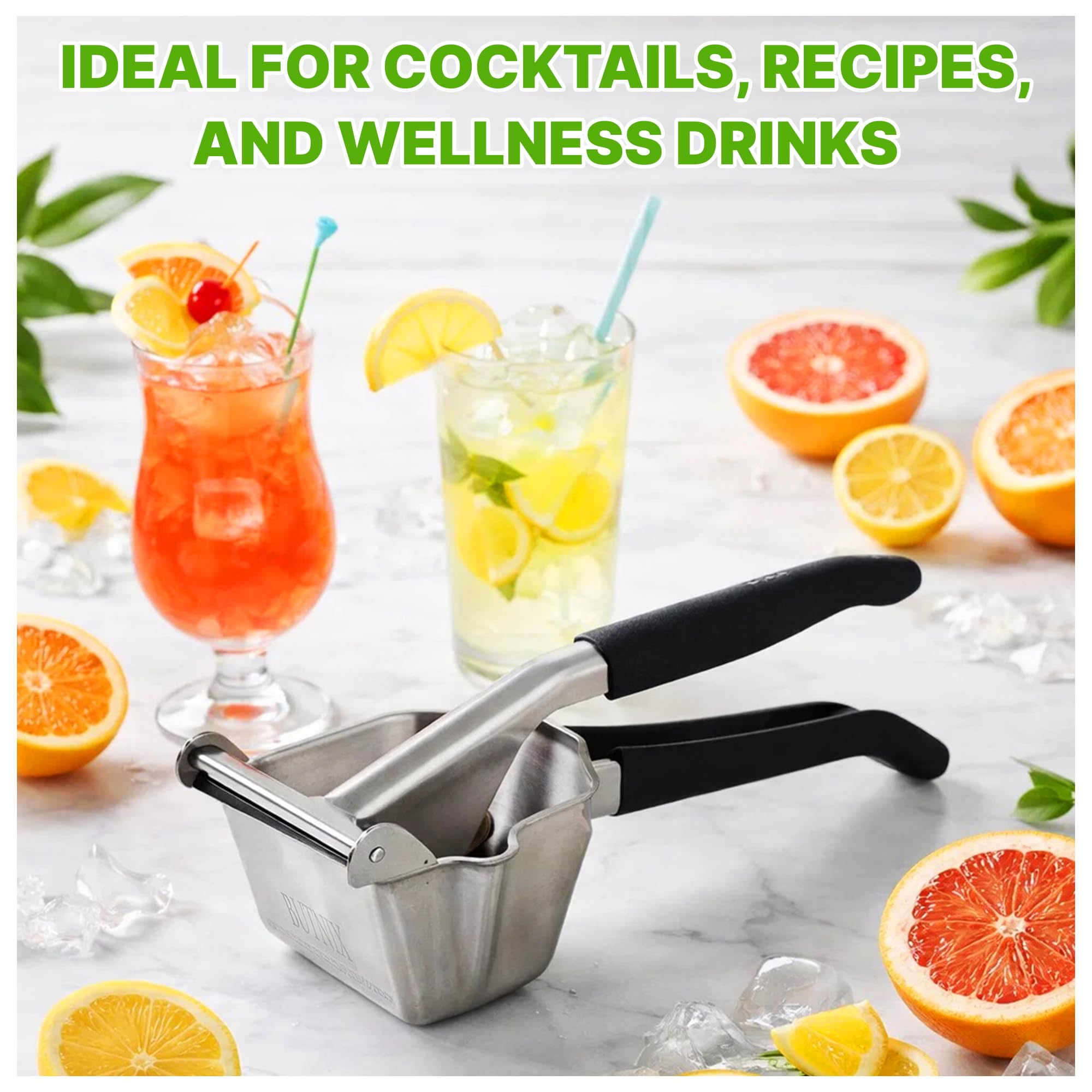 Butnix Professional Citrus Juicer, Real Stainless Steel 304, 3-in-1 Lemon Lime Orange Squeezer with Cocktail Mixing Spoon, Elegant Gift for Kitchen Lovers, Non-Slip Grip, Life Time Warranty